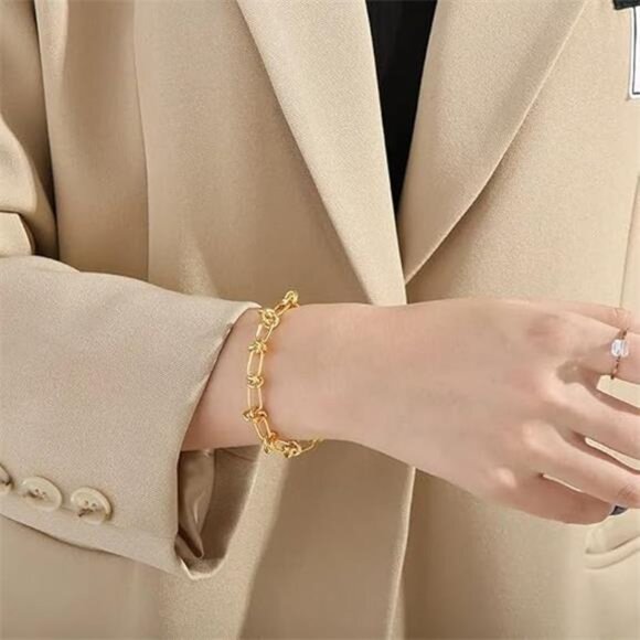 18K Gold Knot Link Chain Bracelet – Chunky Gold Plated Bracelet for Women - Picture 3 of 7